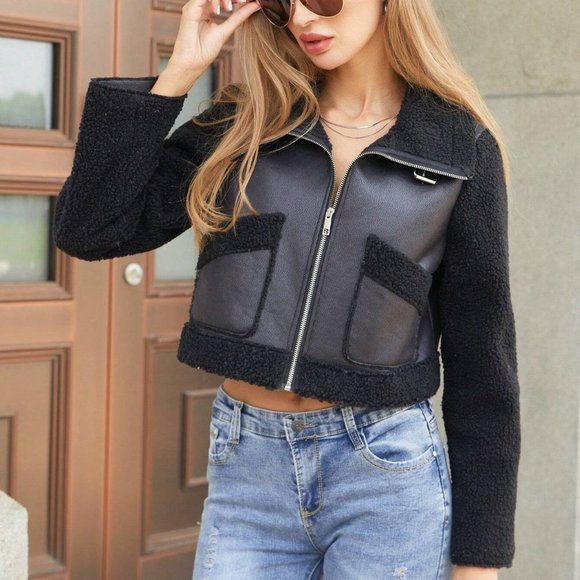. Jackets & Blazers - Black Boho Womens Zip Up Teddy Panel Crop Jacket